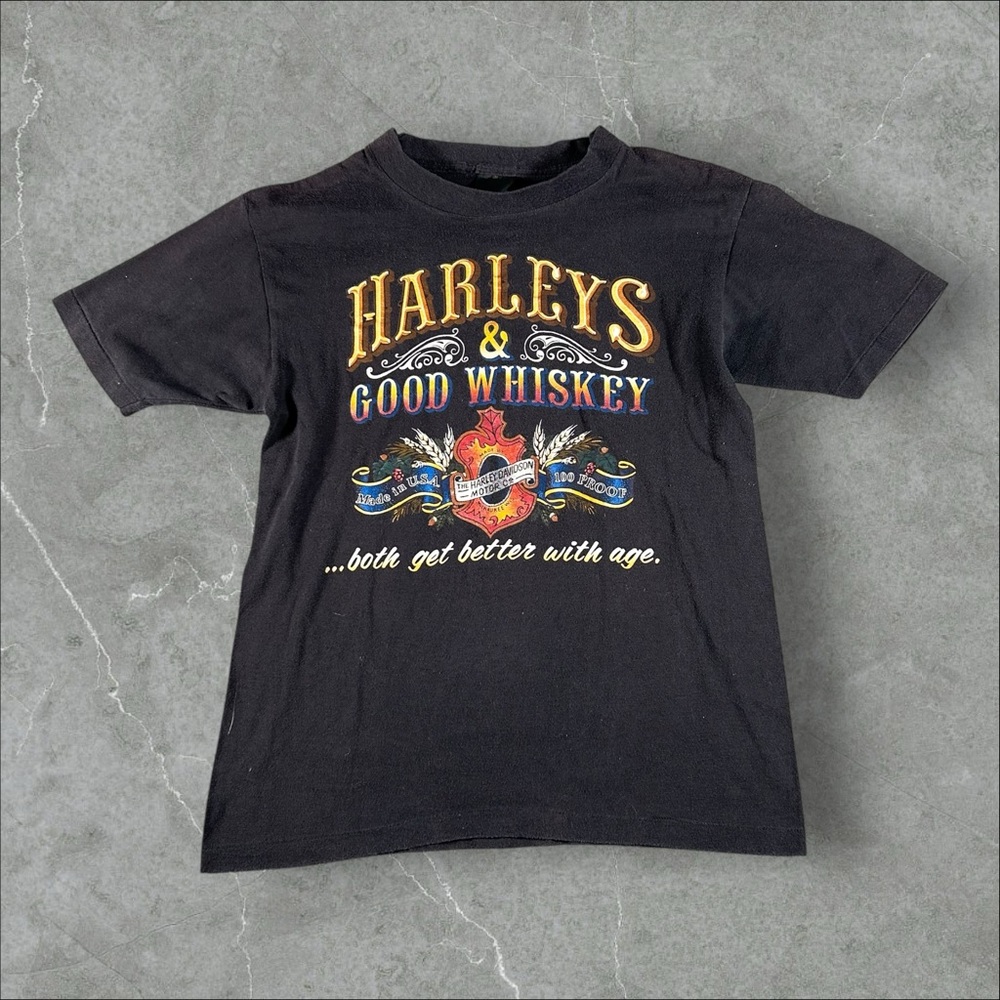 Vintage 3d Emblem Shirt Mens Medium‎ Black Harley’s & Good Whiskey 80s Davidson